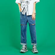 木果果木2025夏季新款九分高腰復古破洞牛仔褲女 牛仔藍 28