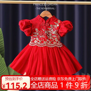 鸞雀翔一周歲女寶寶周歲生日禮服抓周服幼兒裙子兒童晚禮服女童公主紗裙 紅色金花蕾絲泡泡袖公主裙 90 建議身高85-95體重22-27斤