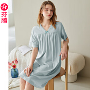 芬騰2025新款V領(lǐng)睡裙女夏季純棉短袖蕾絲睡衣中長(cháng)款連衣裙 蘭綠 S
