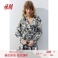 H&M女裝花卉連衣裙夏季V領(lǐng)燈籠袖腰部系帶微喇短裙連身裙1229402 白色/灰色花朵 165/96