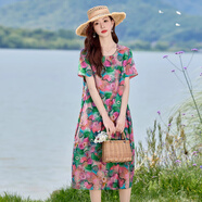 皮爾卡丹（pierrecardin）復古印花短袖棉麻連衣裙女2025夏季寬松遮肚顯瘦媽媽減齡休閑裙子 綠粉色 3XL (建議135-150斤高品質(zhì))