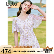 百圖betu女裝夏季新款連衣裙V領(lǐng)碎花顯瘦飛飛袖連衣裙女2304T82 淡紫 L