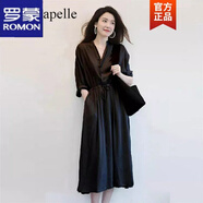 羅蒙連衣裙女2024春秋新款法式收腰氣質顯瘦襯衫長袖休閑V領中長裙子 黑色 S