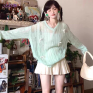 法舒琳薄荷曼波綠色鏤空遮陽(yáng)罩衫女夏季寬松慵懶風(fēng)小眾蝴蝶結(jié)針織衫上衣 淺綠色 M 建議90-105斤