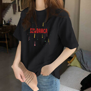 以純（YISHion）奶呼呼純棉短袖T恤女夏季2025新款今年女裝超火減齡寬松上衣 黑色-D70字母流星 2XL 156-175斤