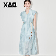 XAQ高端連衣裙女夏休閑氣質(zhì)典雅精致時髦水墨提花天絲浪漫度假風(fēng)長裙 藍(lán)色 S