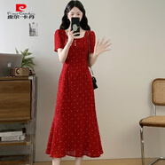 皮爾卡丹港風(fēng)復古波點(diǎn)裙紅色方領(lǐng)正肩連衣裙2025夏大碼胖mm魚(yú)尾裙雪紡長(cháng)裙 紅色連衣裙【夏季/夏裝/早春/春 M (100斤以?xún)?