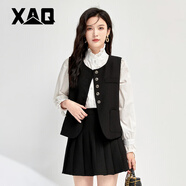 XAQ毛呢套裝女秋冬款名媛氣質(zhì)小香風(fēng)時(shí)髦連衣裙馬甲外套配壓褶半身裙 黑色 L
