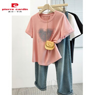 皮爾卡丹（PIERRE CARDIN）超好看愛心印花正肩短袖t恤女2025夏季大碼胖mm遮肉顯瘦半袖上衣 粉色版法式仙氣飄飄/高端/熱辣顯 XL 1XL (建議115-130斤)