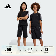 adidas男女大童休閑簡約三條紋純棉運動短褲新款阿迪達斯輕運動 黑色/白色     152