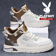 花花公子（PLAYBOY）高幫男鞋2025春秋季百搭休閑鞋男士青少年戶(hù)外運動(dòng)小白板鞋子男   米棕【主圖款】 44