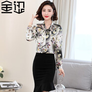 金澀 JS真絲襯衫女短款 真絲上衣蝴蝶結時尚印花桑蠶絲ol女裝氣質顯瘦 墨綠花 M