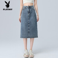 花花公子（PLAYBOY）后開叉牛仔半身裙女小個子夏裝搭配顯高中長款a字包臀裙子145xxs 復(fù)古藍(lán)小個子款 XXS