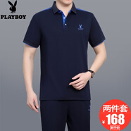 花花公子男裝短袖T恤男士運動(dòng)套裝兩件套2025夏季新款爸爸裝夏裝中老年人 SXY3959-深藍色【兩件套】 3XL(建議160-180斤左右)