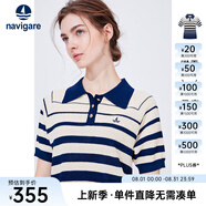 Navigare意大利小帆船短袖POLO衫女士夏季時(shí)尚條紋針織衫顯瘦翻領(lǐng)體恤衫 海軍藍(lán)/白 XL 碼