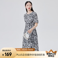 艾萊依（ERAL）商場同款連衣裙女夏季新款法式時尚顯瘦碎花清新印花泡泡袖連衣裙 黑底色花 M 160/84A