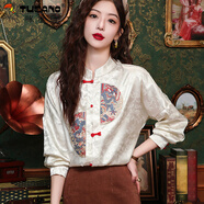 啄木鳥(niǎo)名族風(fēng)中式刺繡馬面長(cháng)袖襯衫女春秋新款復古國風(fēng)盤(pán)扣立領(lǐng)提花襯衣 白色 新中式緞面襯衣 S 90-100斤