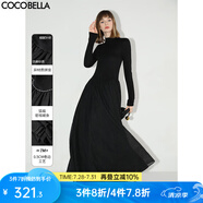 COCOBELLA赫本風(fēng)禮服半高領(lǐng)連衣裙小黑裙褶皺肌理大擺長裙FR0008 黑色 S