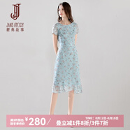 經(jīng)典故事（JANE STORY）經(jīng)典故事短袖碎花連衣裙女2025夏季新款修身洋氣不規(guī)則雪紡魚(yú)尾裙 K53 藍(lán)帶多色 XL