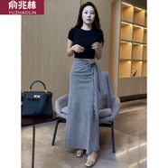 俞兆林時尚減齡套裝女夏季設(shè)計感露腰顯瘦T恤高腰格子綁帶半身裙兩件套 黑鏤空上衣+格子半身裙(兩)[ S