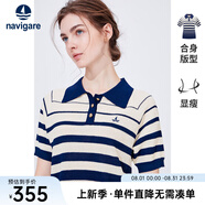 Navigare意大利小帆船短袖POLO衫女士夏季時(shí)尚條紋針織衫顯瘦翻領(lǐng)體恤衫 海軍藍/白 XL 碼