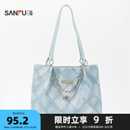 三?？姘驴畎蓍e通勤女包多巴胺大容量單肩包托特包458518 藍色牛仔 大