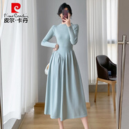 皮爾卡丹（pierre cardin）韓系半高領(lǐng)藍(lán)色針織連衣裙女春秋感褶皺大擺裙氣質(zhì)收腰毛衣裙 淺藍(lán)色 S