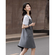 德瑪納【假兩件私服】夏季設(shè)計(jì)感拼接西裝圓領(lǐng)雙排扣寬松腰女連衣裙