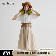 謎底連衣裙短袖2025夏季新品通勤撞色抽繩合身X型中長(cháng)裙252ML0513 亮白 L