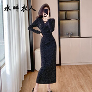 水畔衣人廣州十三行直播女裝2025年秋季新款時(shí)尚感修身亮絲燙鉆包臀連衣裙 黑色 XL