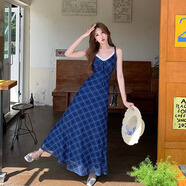 桂岐吊帶連衣裙夏季2025新款法式復古時(shí)尚辣妹風(fēng)度假設計感修身長(cháng)裙女 藍色 S （建議90-105斤）