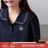 MsShe【珠地棉刺繡針織polo衫短袖T恤】大碼女裝2025夏裝胖mm上衣 T恤-藏青藍(lán)色現(xiàn)貨 2XL
