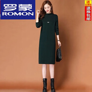 羅蒙（ROMON）秋冬中長款羊毛針織連衣裙氣質(zhì)內(nèi)搭半高領(lǐng)打底衫寬松大碼毛衣裙子 墨綠色 L 110-119斤