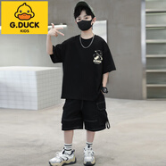 G.DUCKKIDS男童夏季套裝2025新款卡通印花中大童男孩寬松薄款帥氣時(shí)髦夏裝潮 黑色 120