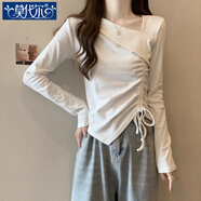 莫代爾胖mm不規(guī)則長袖T恤女2025春秋冬季設(shè)計感抽繩打底衫簡約顯瘦上衣 白色 L 【建議101-120斤】