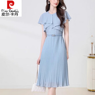 皮爾卡丹（pierre cardin）顯白藍色荷葉邊百褶收腰雪紡連衣裙女夏季2025新款優(yōu)雅氣質(zhì)減齡 淺藍色  L
