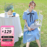 婧麒孕婦裝夏裝連衣裙春夏季薄款韓版簡(jiǎn)約孕媽中長(cháng)裙子時(shí)尚洋氣大碼 藍色-系帶襯衫領(lǐng)可哺乳jly60895 L
