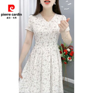 皮爾卡丹（pierre cardin）冰絲緞面連衣裙2025夏季新款系帶寬松顯瘦中長(cháng)款V領(lǐng)短袖印花裙子 【限時(shí)特惠白色連衣裙】 S 【建議體重70-90斤】