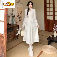 初徑大碼新中式蕾絲鏤空長(cháng)袖連衣裙女秋冬高腰字裙胖氣質(zhì)顯瘦長(cháng)裙 杏色蕾絲裙 M 【建議90-105斤】