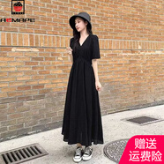 AEMAPE高端紫色v領(lǐng)短袖長裙女2025新款女裝夏季法式高腰長款連衣裙氣質(zhì) 黑色 XL 建議118-136斤
