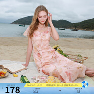 三彩2025夏季新款木耳邊荷葉袖蝴蝶印花雪紡連衣裙大擺長裙M 淺粉色花卉 XL 170/92A