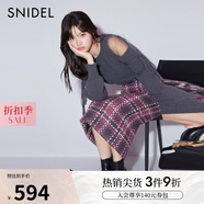 SNIDEL秋冬圓領(lǐng)薄紗拼接袖露肩系帶針織衫毛衣SWNT245011 灰色 均碼 （F）