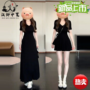 漢卿中夏獨特漂亮掐腰裙2025新款氣質(zhì)顯瘦收腰短袖T恤裙V領(lǐng)連衣裙子女夏季 黑色短款 S