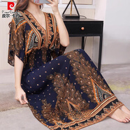 皮爾卡丹2025夏季民族風(fēng)棉綢連衣裙蝙蝠袖碎花V領(lǐng)a字顯瘦高腰仙女沙灘長(cháng)裙 N羽毛藏藍 3XL