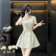 連衣裙純欲風(fēng)性感法式名媛時(shí)尚氣質(zhì)減齡圓領(lǐng)短袖高腰連身裙高級洋 關(guān)注店鋪送小禮物 綠色 S