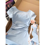 FSHE藍色連衣裙女2025新款秋日穿搭多巴胺絕美收腰掐腰巨好看小長(cháng)裙子 奶藍色連衣裙【方領(lǐng)后背鏤空】 L