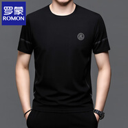 羅蒙（ROMON）桑蠶.絲短袖T恤男夏季新款冰絲中老年男士圓領(lǐng)印花潮流薄款半袖體 黑色335 L 170【建議120-135斤】