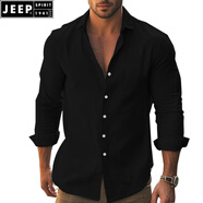 JEEP SPIRIT歐美棉麻白襯衫男感修身長(cháng)袖亞麻透氣防曬衣開(kāi)衫休閑工裝襯衣 黑色 L