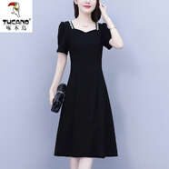 啄木鳥(niǎo)法式連衣裙2025夏新款大碼女裝胖妹時(shí)尚氣質(zhì)顯瘦釘鉆赫本風(fēng)小黑裙 黑色 XL 建議110-125斤