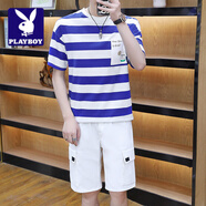 花花公子;PLAYBOY冰絲條紋套裝男2025年新款潮牌帥氣短袖短褲休閑簡(jiǎn)約百搭搭配一套 克萊因藍(lán)(上衣+褲子) S